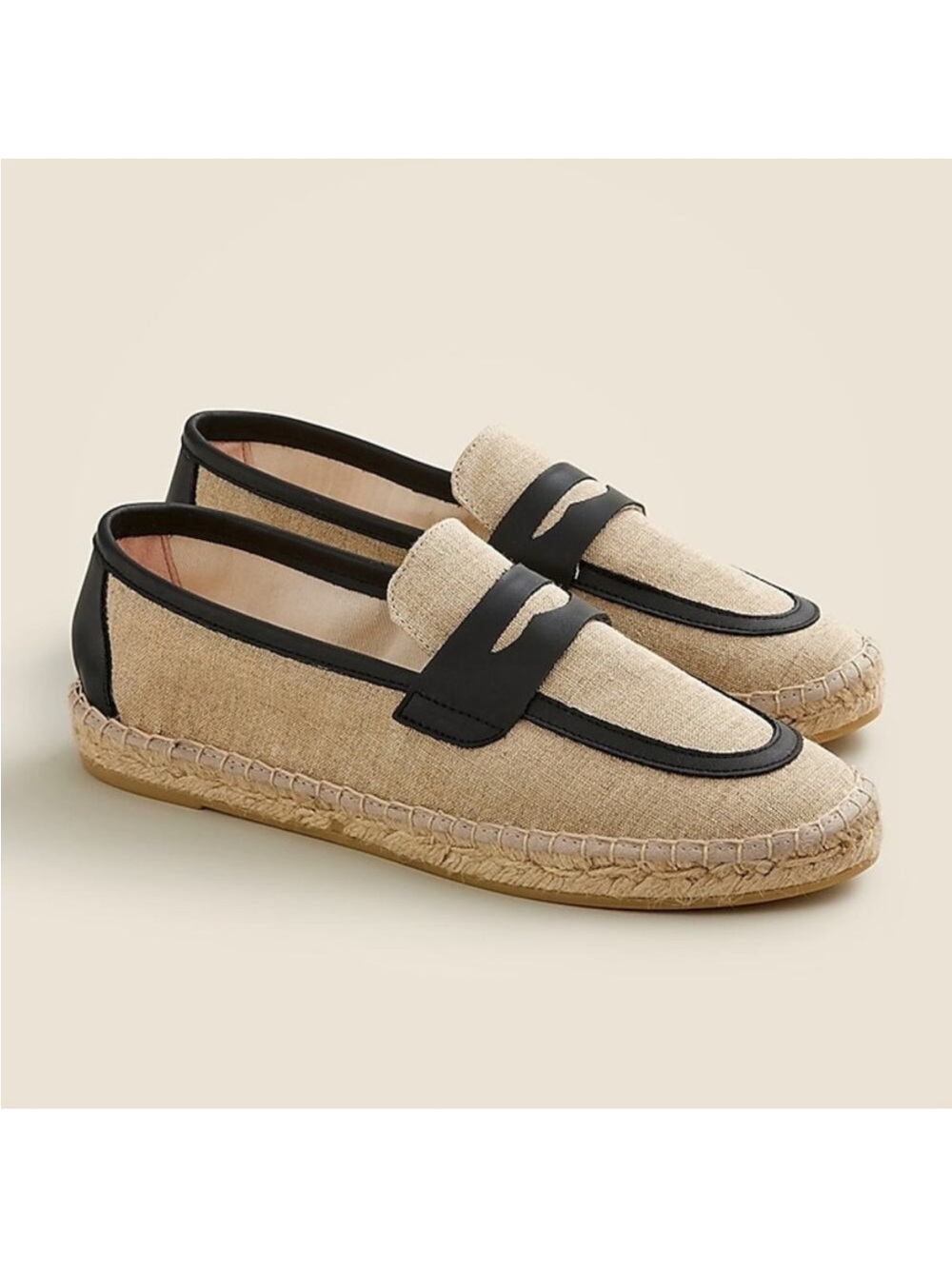 J Crew Linen and Leather Espadrille Loafer 8.5 Khaki and Black